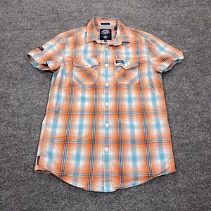 Superdry Button Down Shirt Mens Small Orange Blue Plaid Short Sleeve